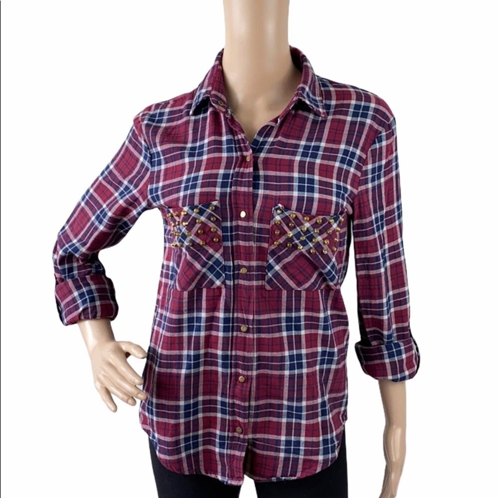 Poof! Studded Plaid Snap Front Tomboy Shirt Burgundy Navy M